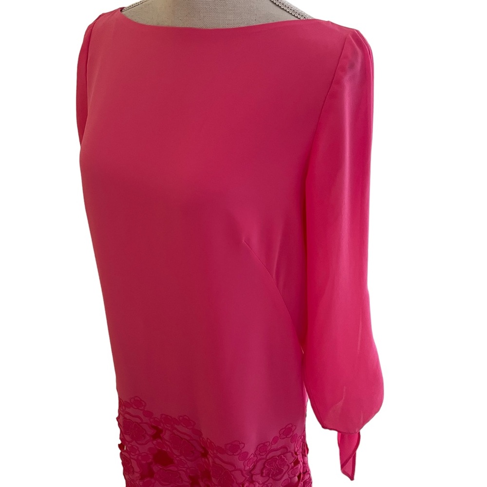 Tahari ASL Bubblegum Pink Shift Dress with Long Tie Sleeves and Lace Hem - Picture 5 of 10
